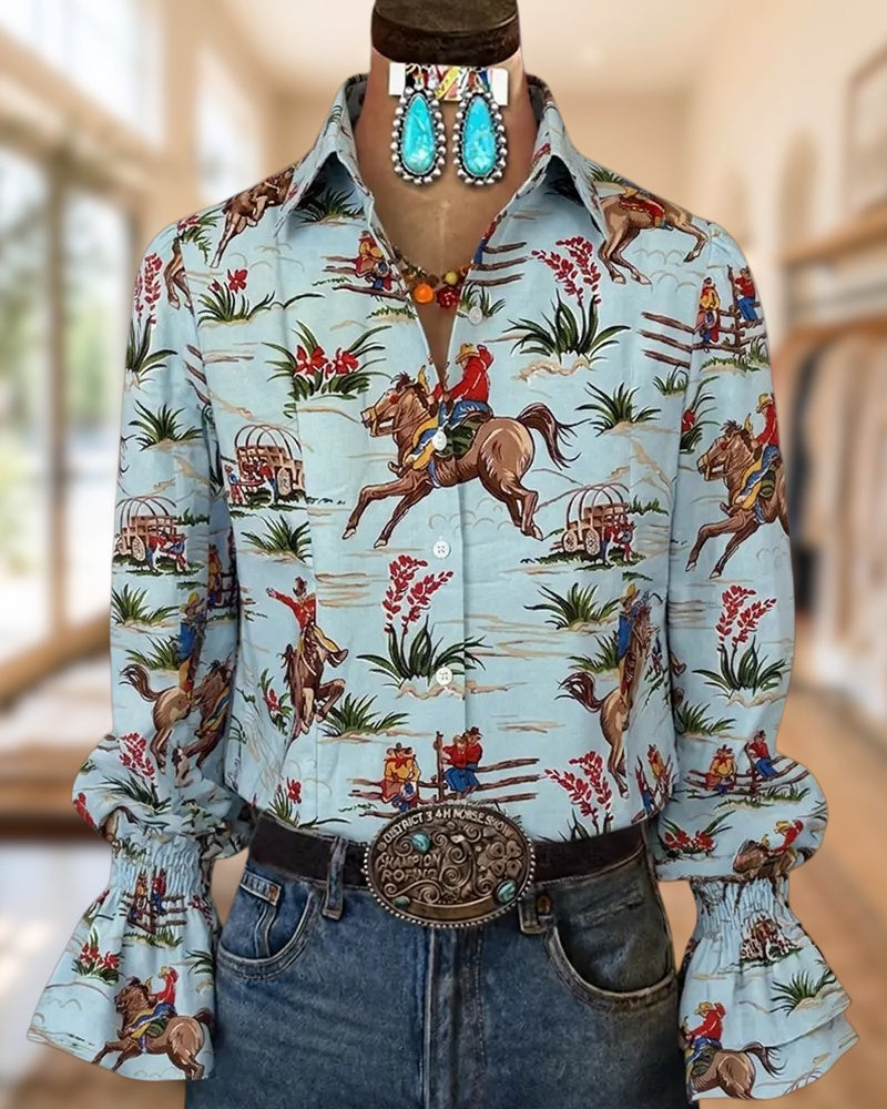 Western Print Button Front Flare Sleeve Casual Shirt