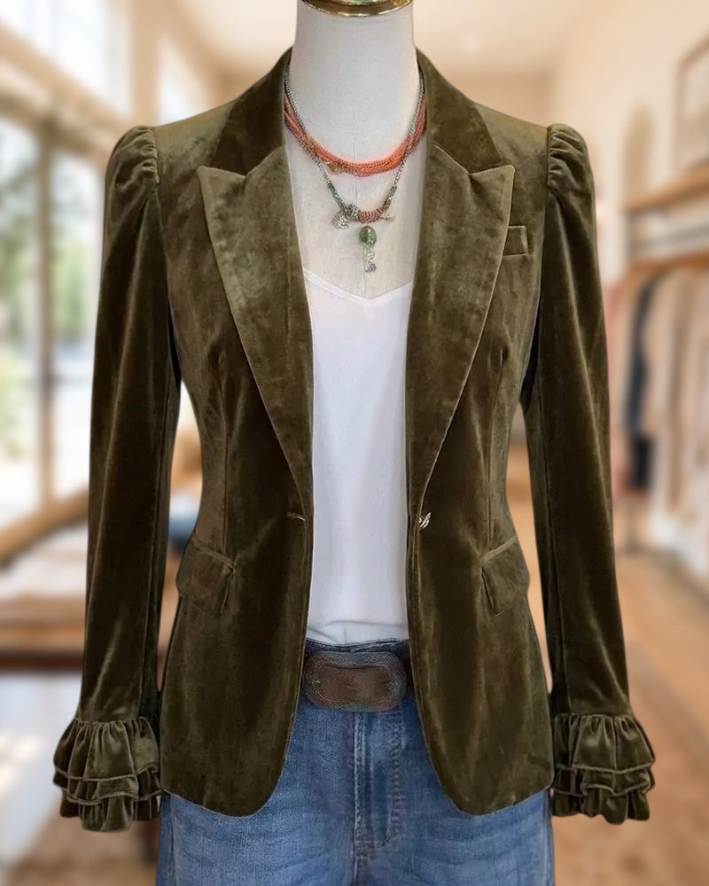 Notched Lapel Puff Shoulder Ruffle Cuff Slim Fit Blazer