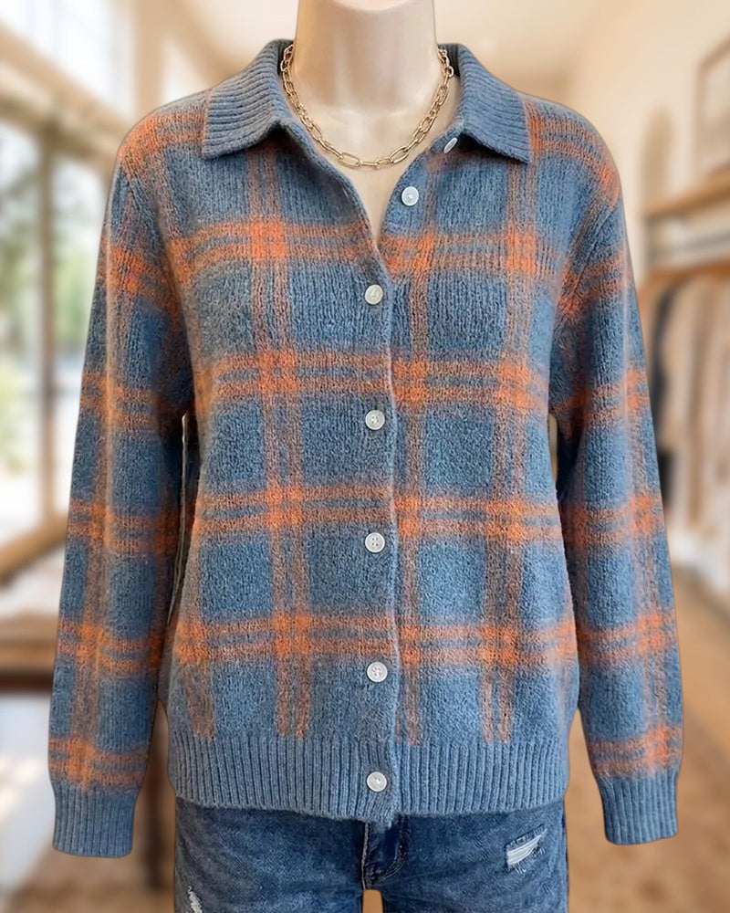 Collared Plaid Button Knit Cardigan
