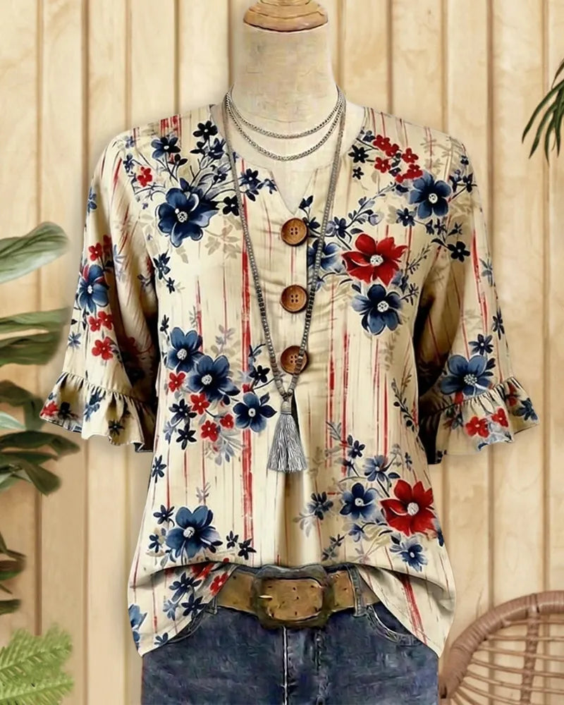 Floral Print Button Decor V Neck Ruffle Sleeve Casual Blouse