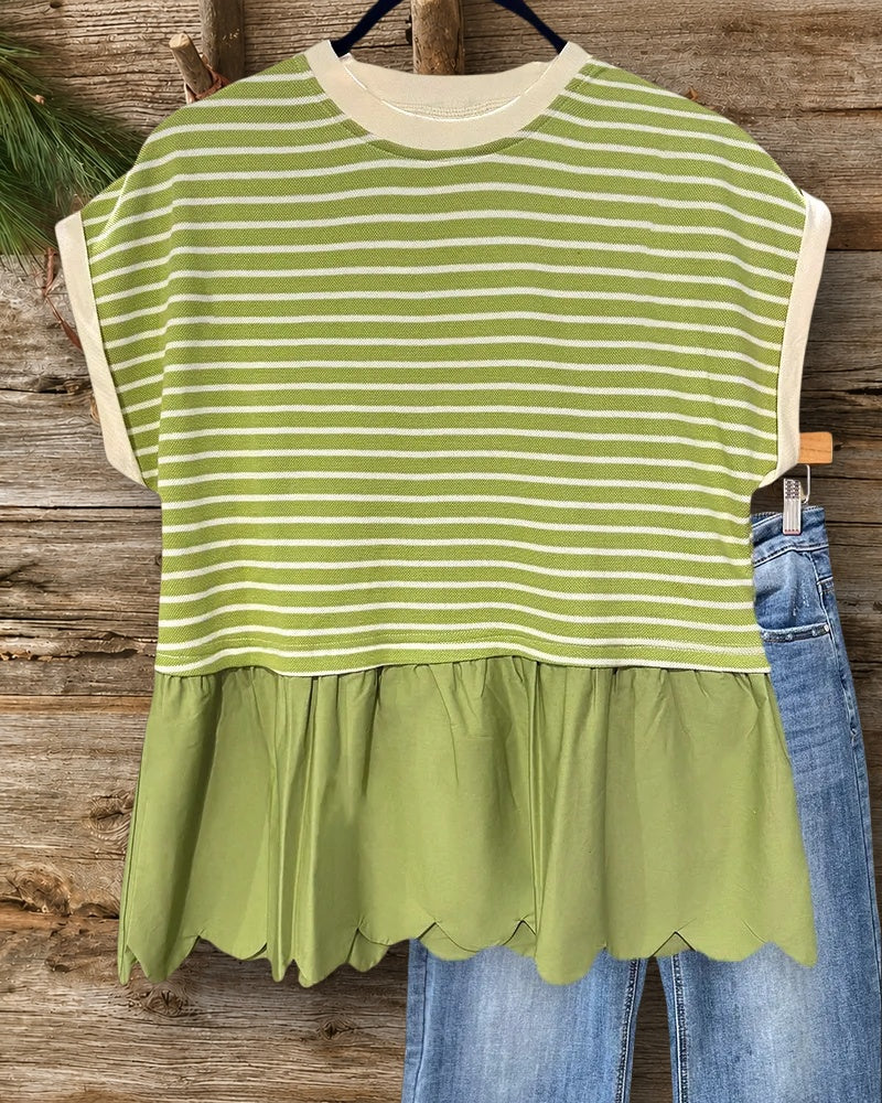 Striped Round Neck Scalloped Peplum Girly Blouse