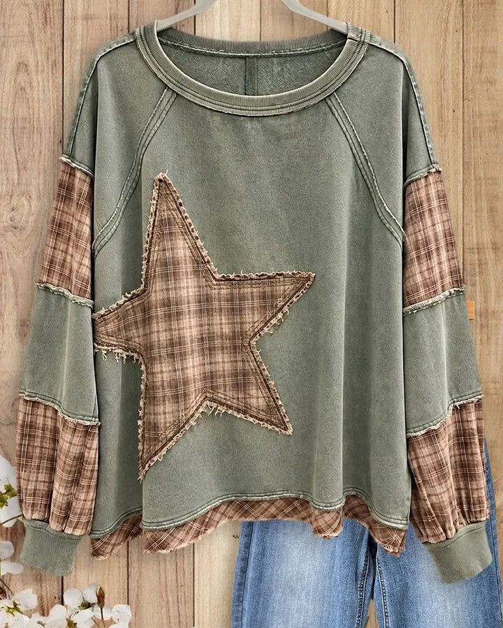 Plaid Patchwork Star Applique Raw Edge Long Sleeve Sweatshirt