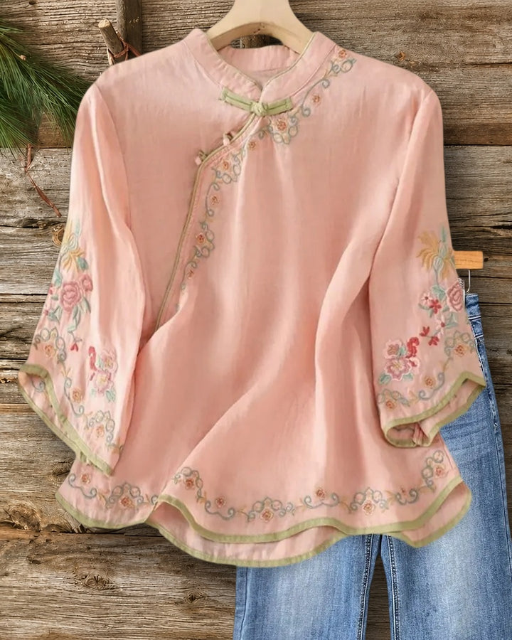 Mandarin Collar Frog Closure Floral Embroidery 3/4 Sleeve Blouse