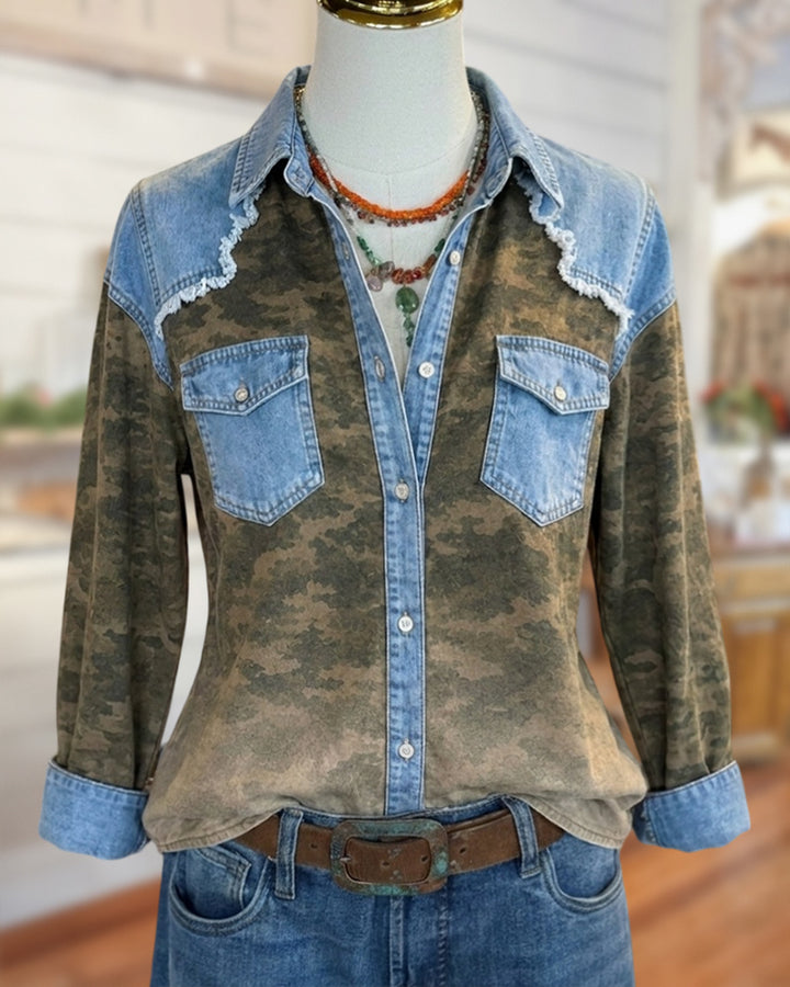 Contrast Denim Trim Frayed Camo Button Down Shirt
