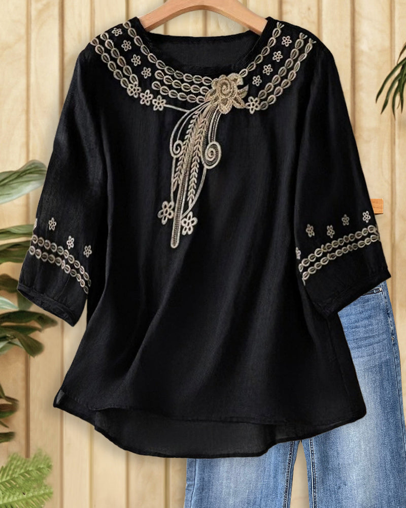 Floral Embroidery Ethnic Round Neck Blouse