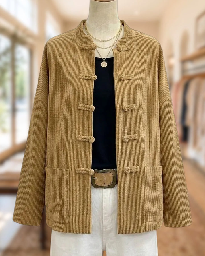 Mandarin Collar Frog Button Pocket Solid Color Jacket