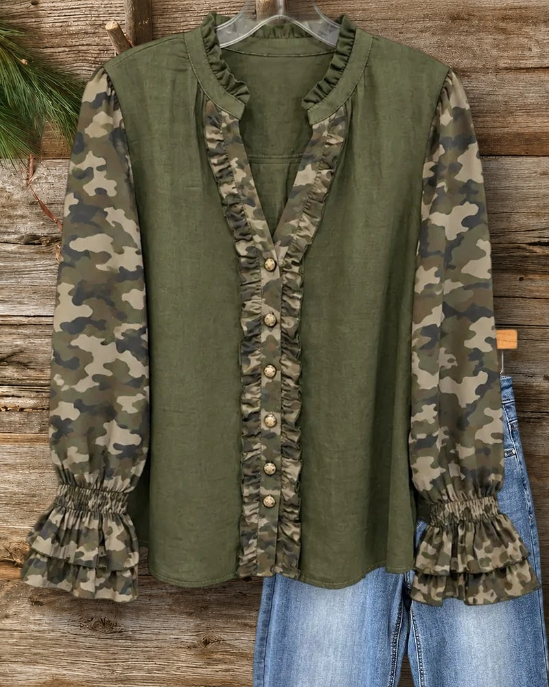 Ruffled Trim Contrast Print Sleeve Button Front Flounce Cuff Blouse