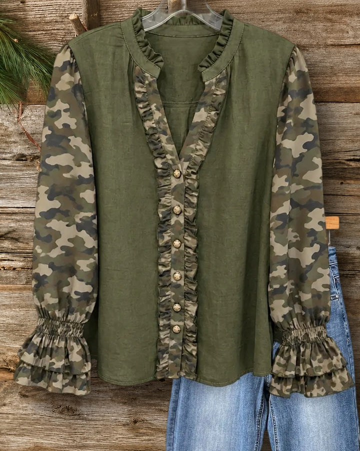 Ruffled Trim Contrast Print Sleeve Button Front Flounce Cuff Blouse