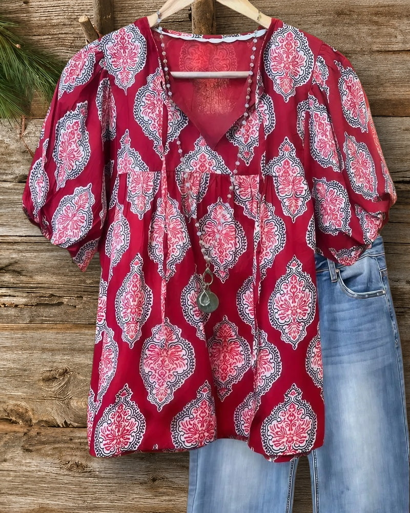 Tribal Print Ethnic Puff Sleeve T-Shirt