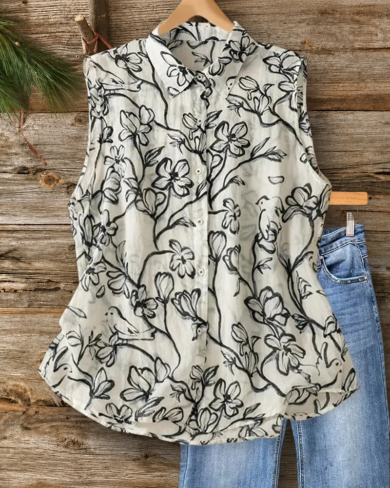 Floral Print Collared Sleeveless Button Front Casual Blouse