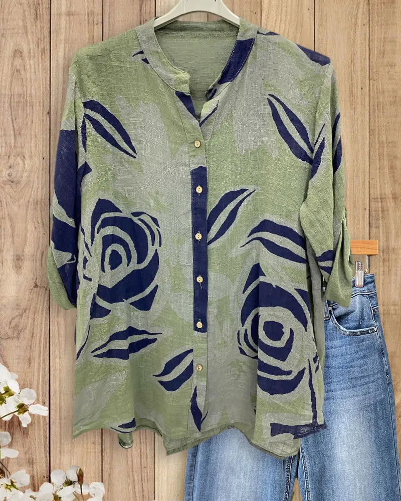 Floral Button Roll Tab Sleeve Blouse