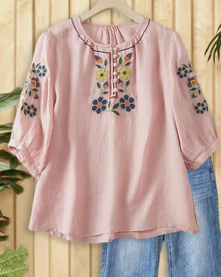 Embroidered Puff Sleeve Ruffled Neck Button Placket Blouse