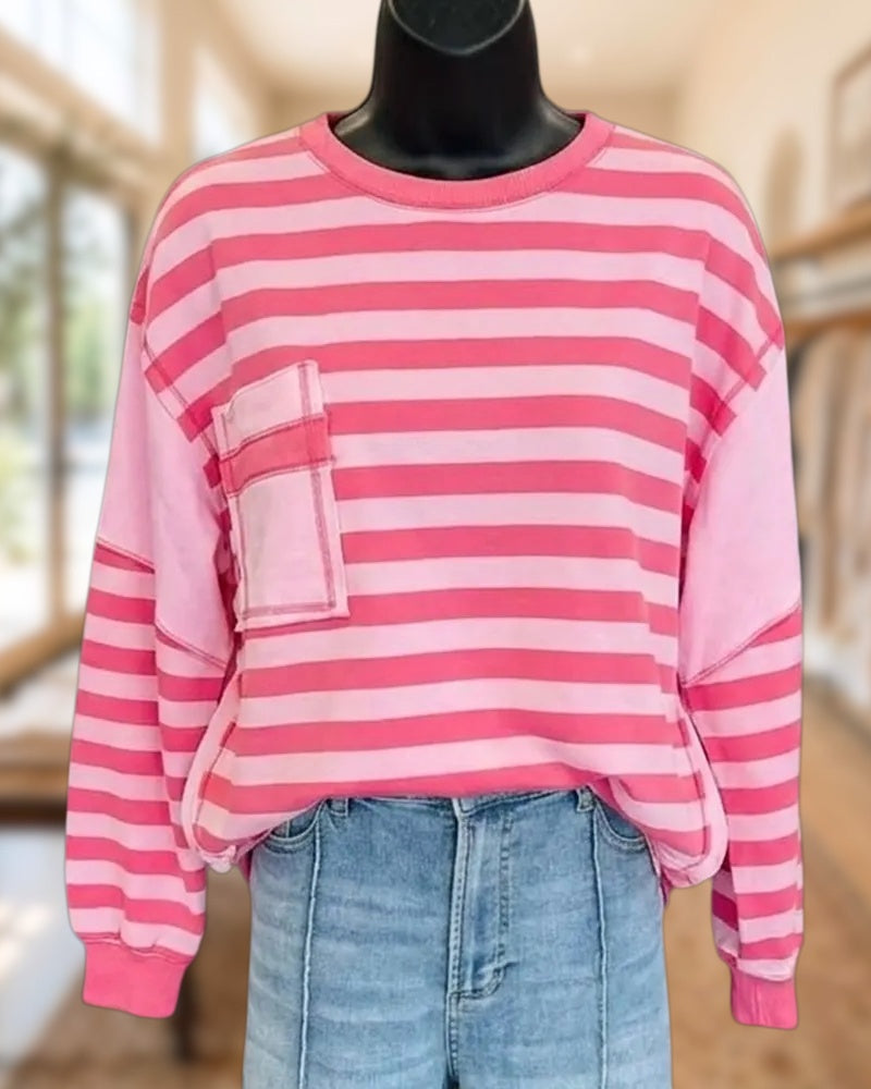 Striped Crew Neck Patch Pocket Dropped Shoulder Loose Casual Sweatshirt