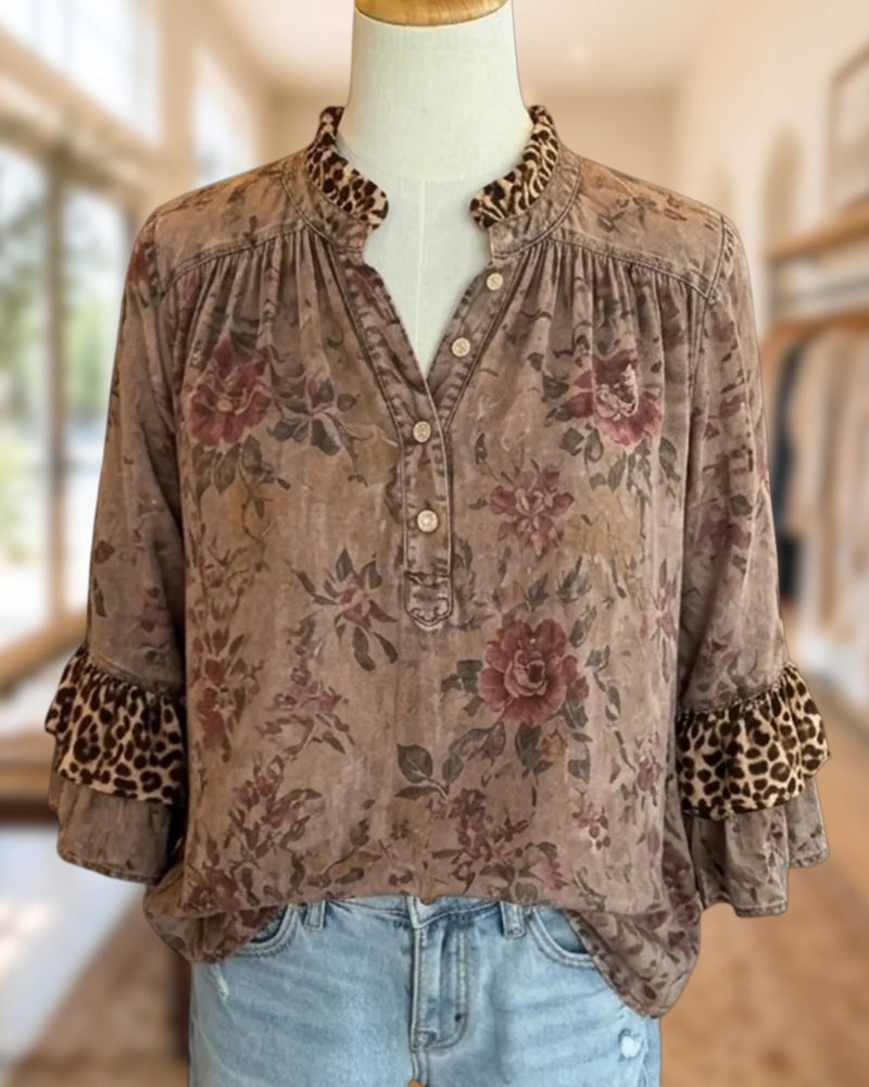 Floral Print Leopard Trim Ruffle Cuff Half Placket Blouse