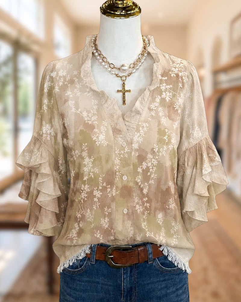 Ruffle Trim V Neck Tiered Sleeve Frayed Hem Floral Blouse