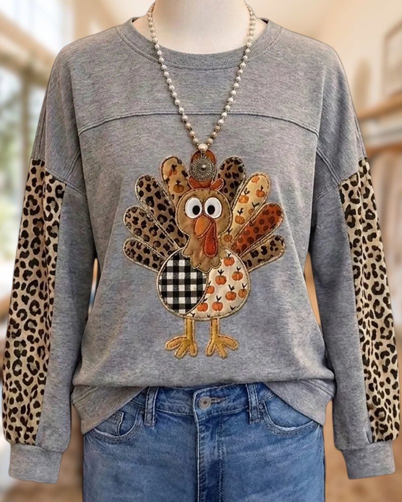 Turkey Applique Leopard Patchwork Long Sleeve Crew Neck Festive Sweatshirt