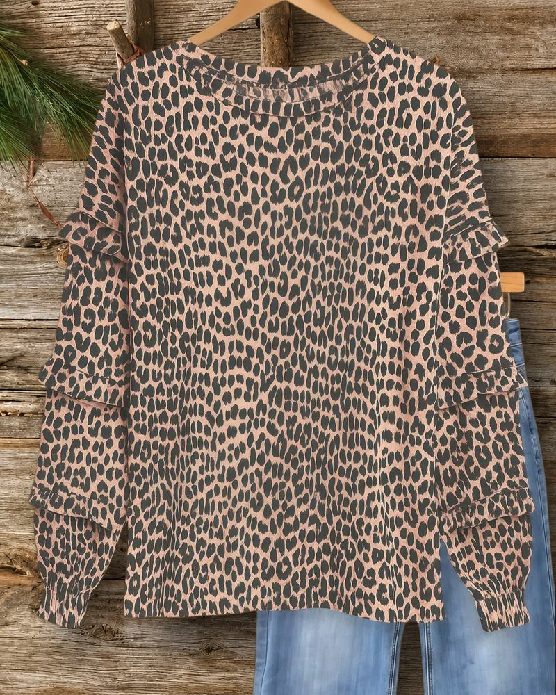 Leopard Print Round Neck Playful Ruffles Decor Blouse