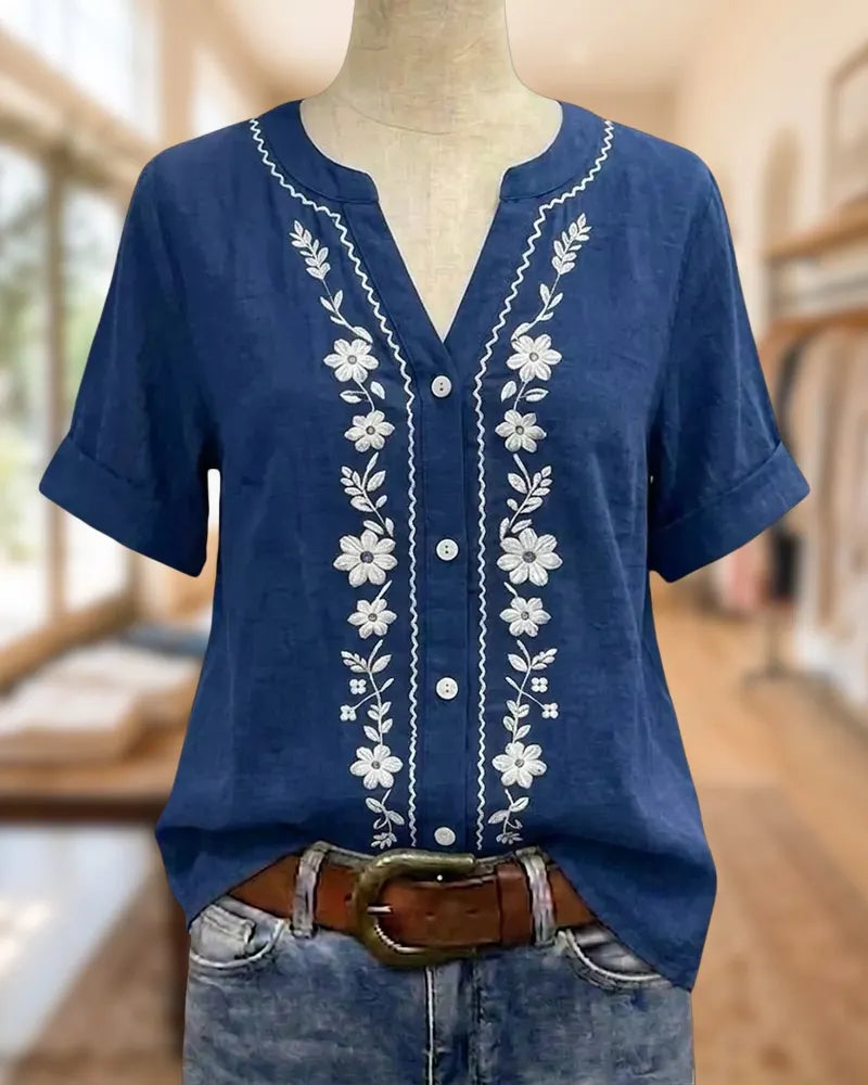 V Neck Floral Embroidered Short Sleeve Button Front Blouse