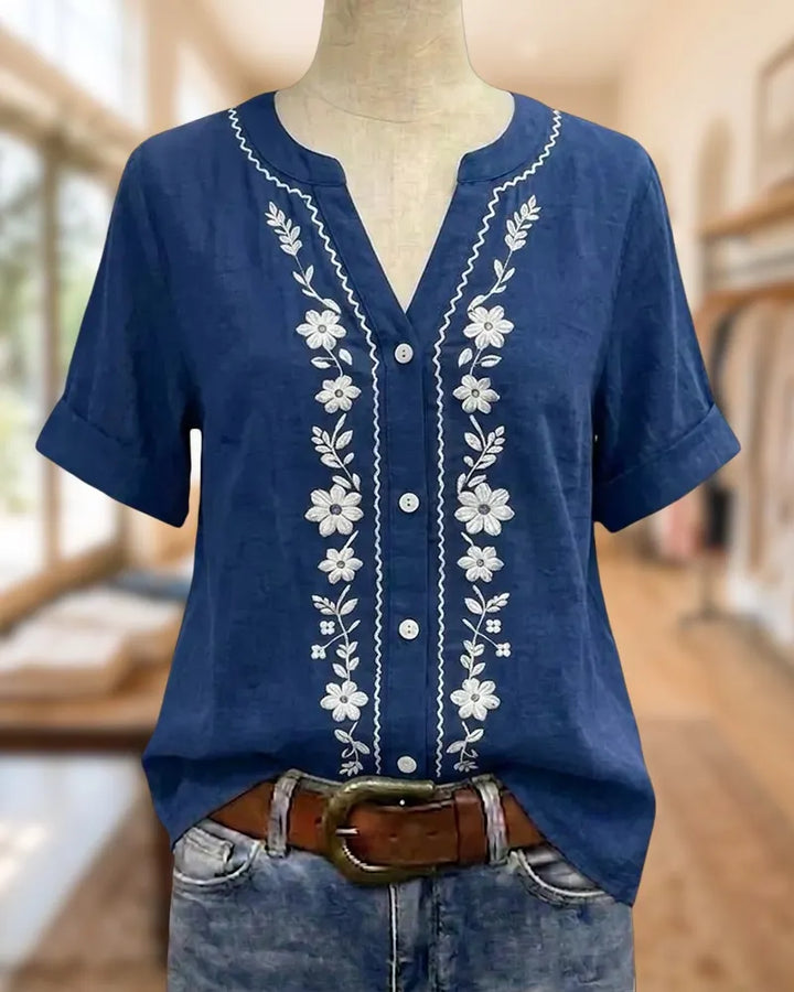 V Neck Floral Embroidered Short Sleeve Button Front Blouse