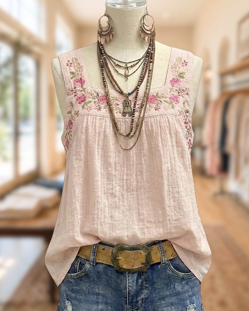 Square Neck Gathered Floral Embroidered Loose Sleeveless Casual Top