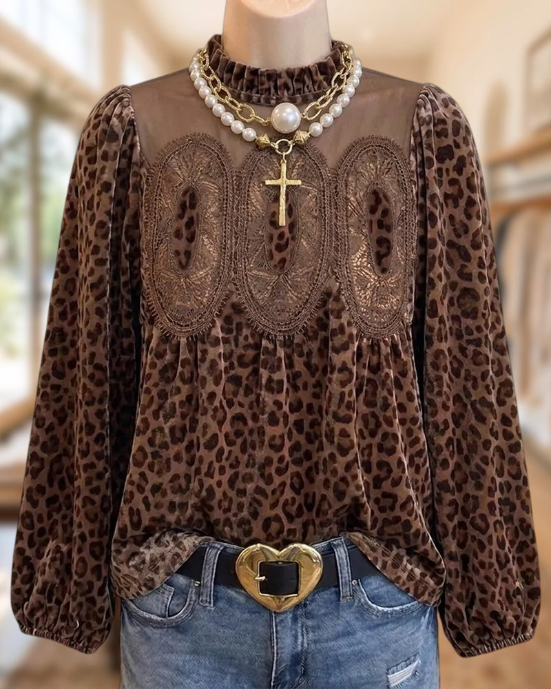 Leopard Print Lace Applique Blouse