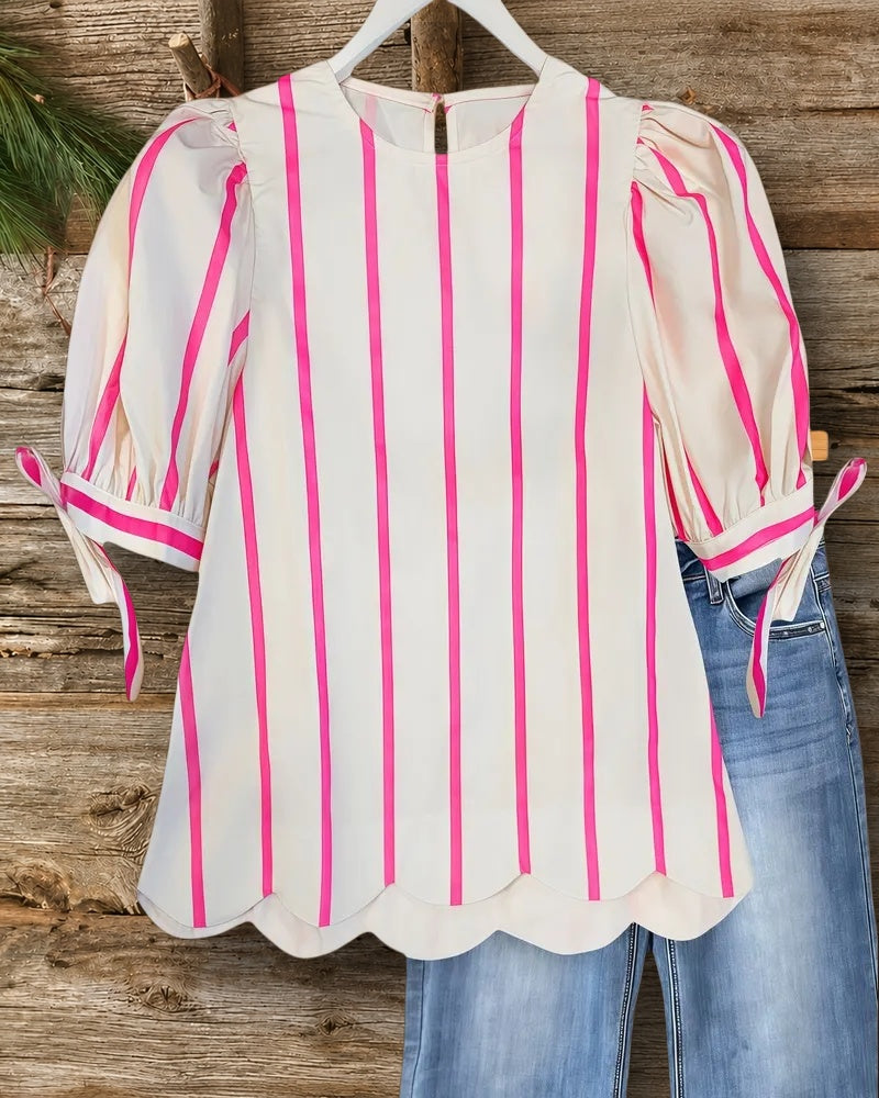 Striped Puff Sleeve Chic Scalloped Hem T-Shirt