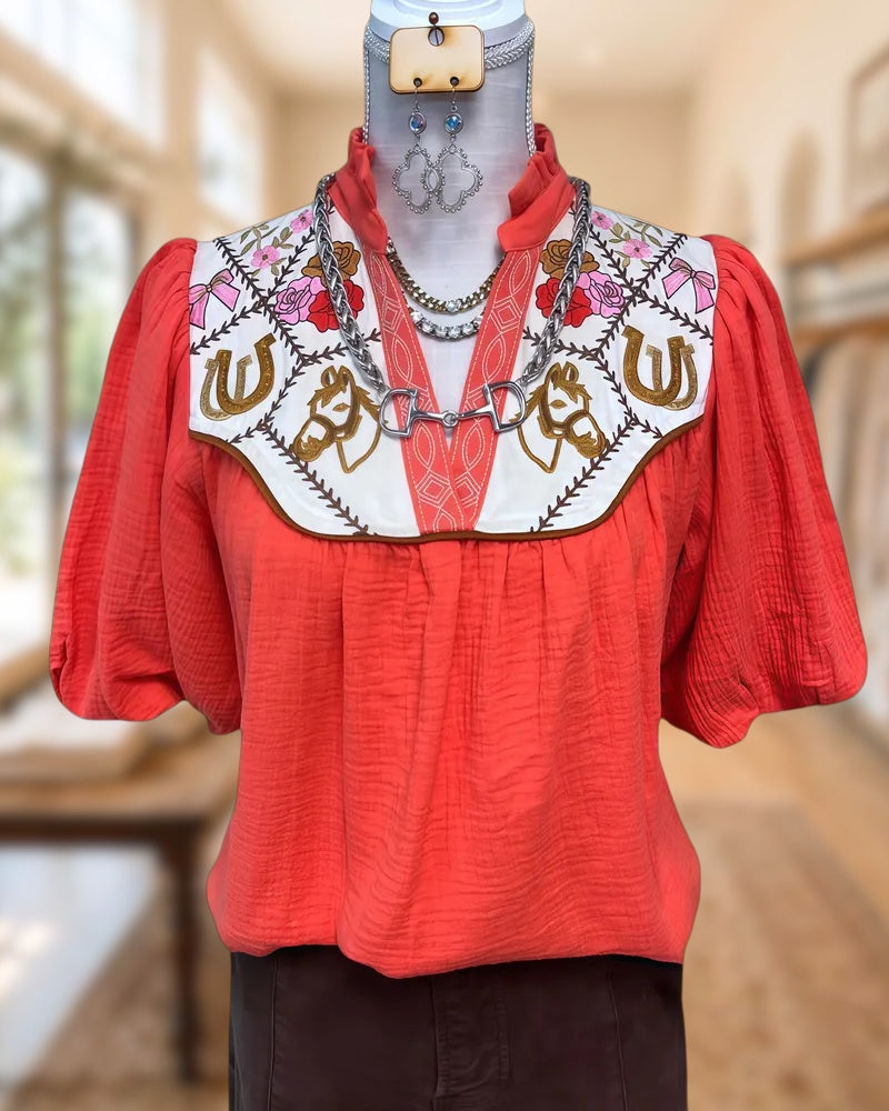 Western Embroidered Puff Sleeve V Neck Blouse
