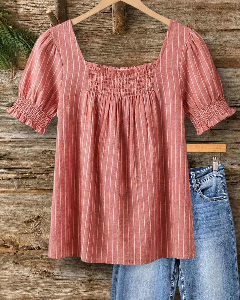 Square Neck Striped Smocked Chest Puff Sleeve Casual Blouse