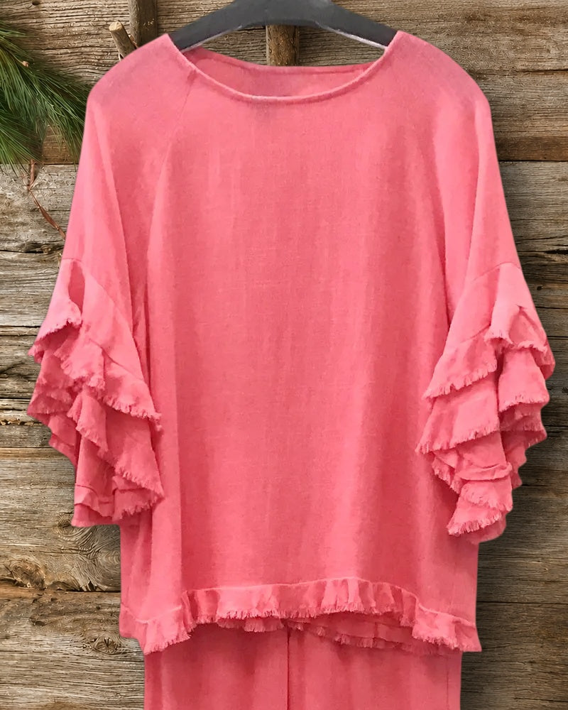 Ruffle Sleeve Frayed Hem Loose Casual Solid Color Blouse