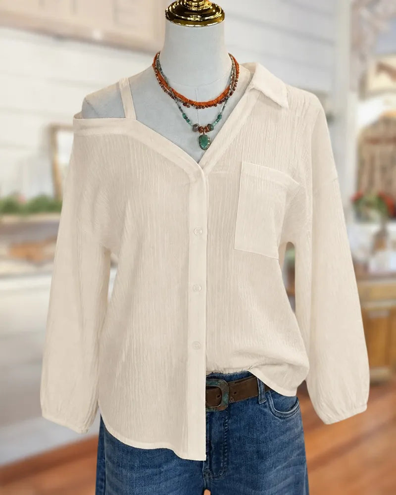 Cold Shoulder Button Front Collared Pocket Long Sleeve Blouse