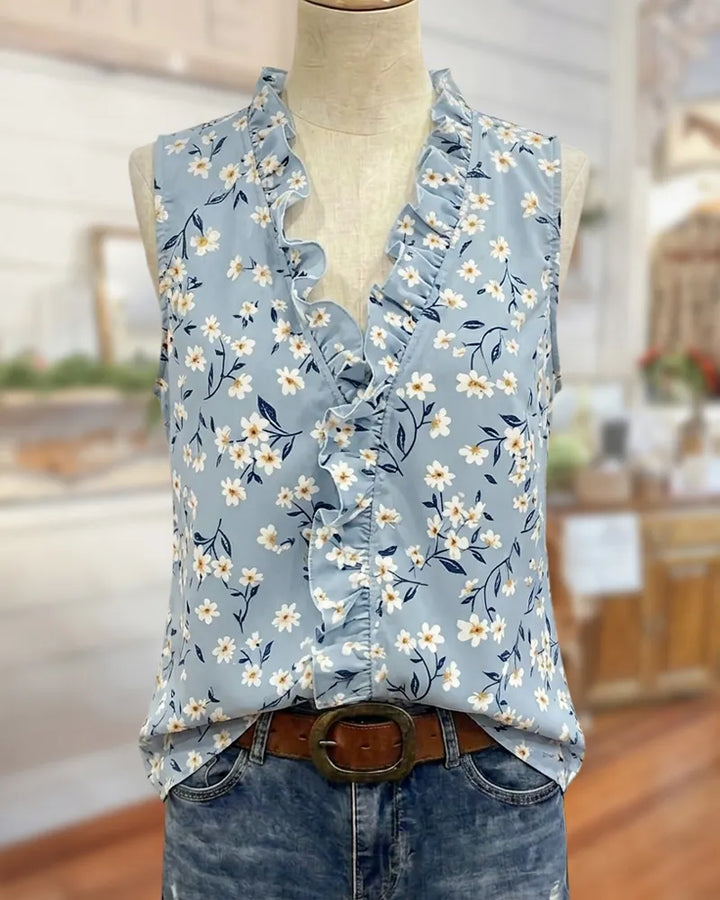 Floral Print Ruffle Trim V Neck Sleeveless Casual Blouse