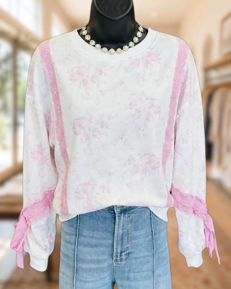 Floral Print Lace Trim Tie Cuff Crew Neck Sweatshirt