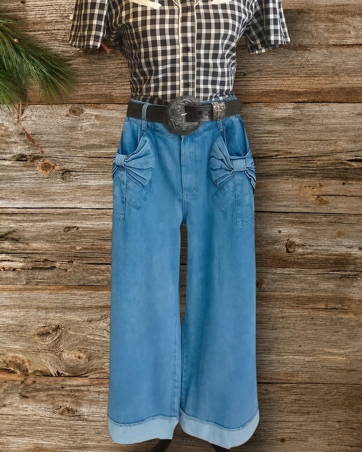 Bow Accent Rolled Cuff Wide Leg Jeans