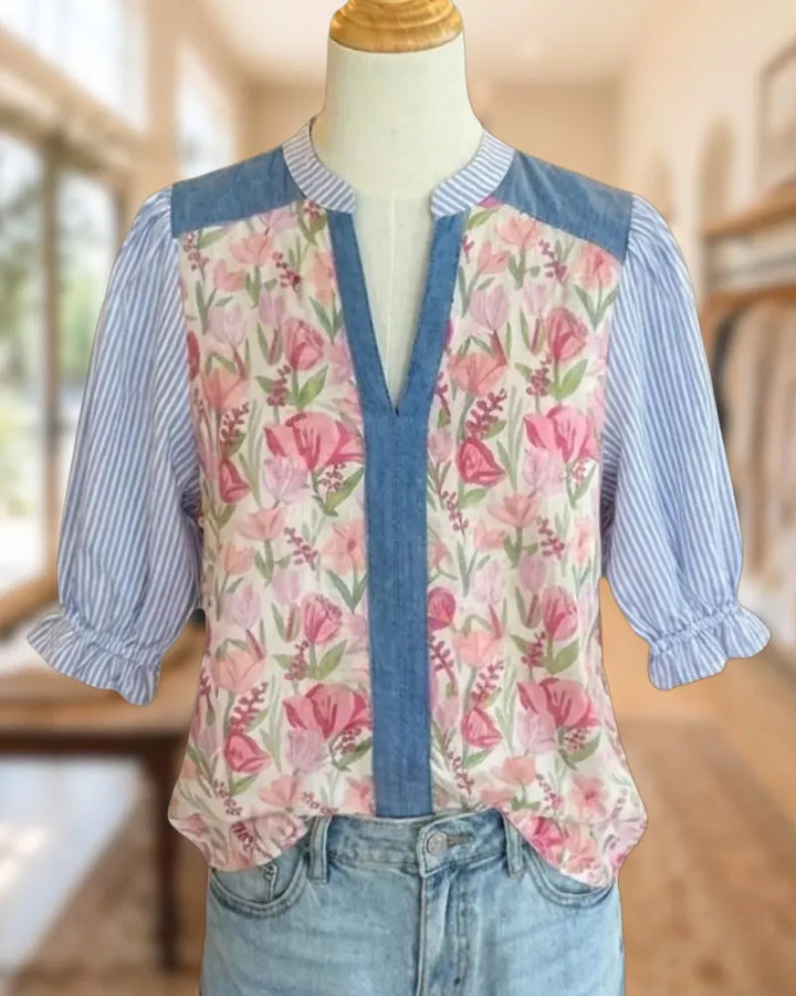 Floral Striped Contrast Panel V Neck Ruffled Blouse