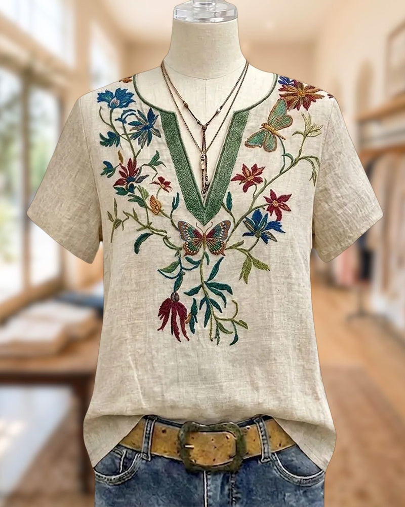 Butterfly & Floral Embroidery Feminine V Neck Blouse