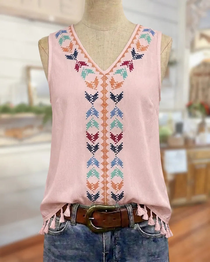 V Neck Embroidery Tassel Hem Sleeveless Casual Tank Top