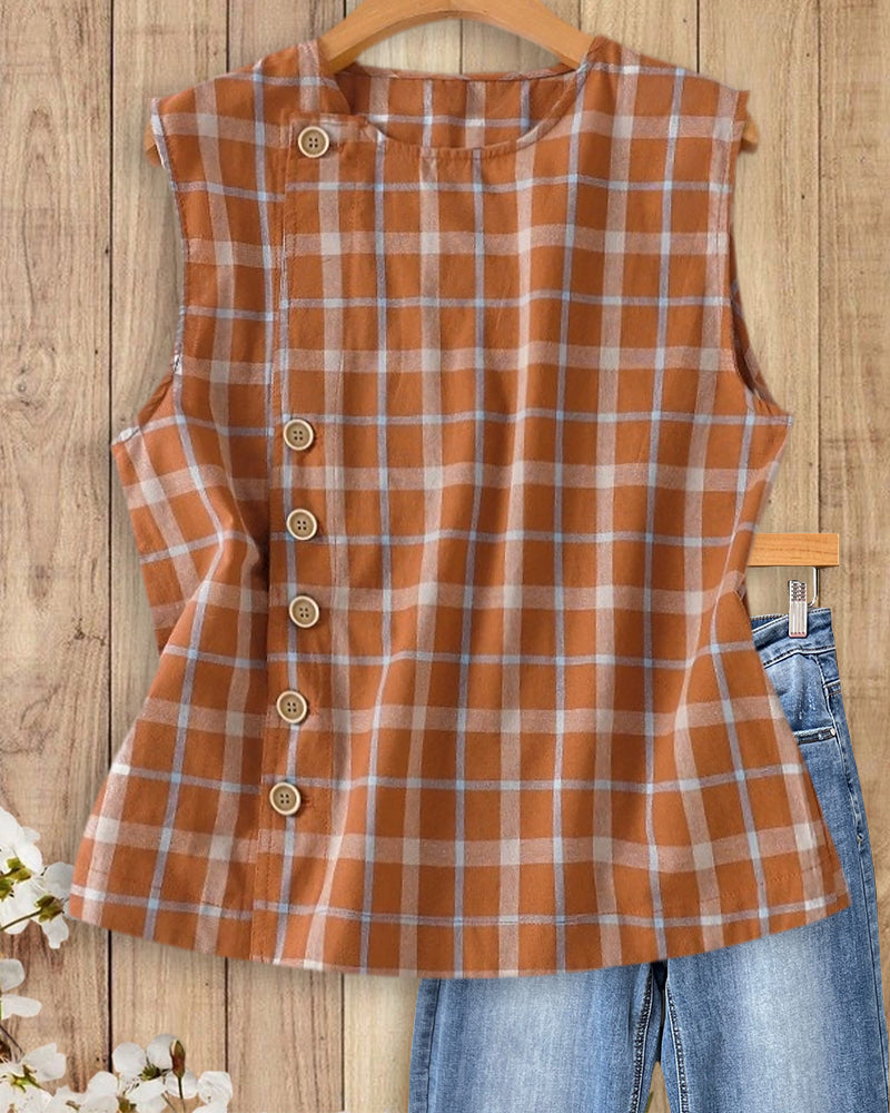 Plaid Classic Button Front Sleeveless Blouse