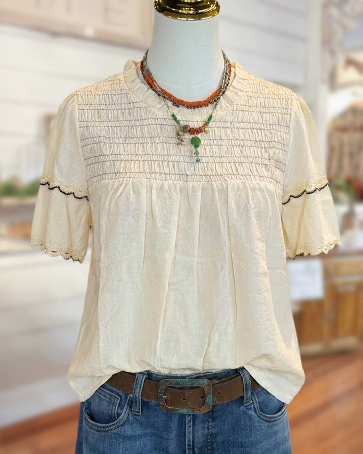Crew Neck Ruffle Sleeve Blouse