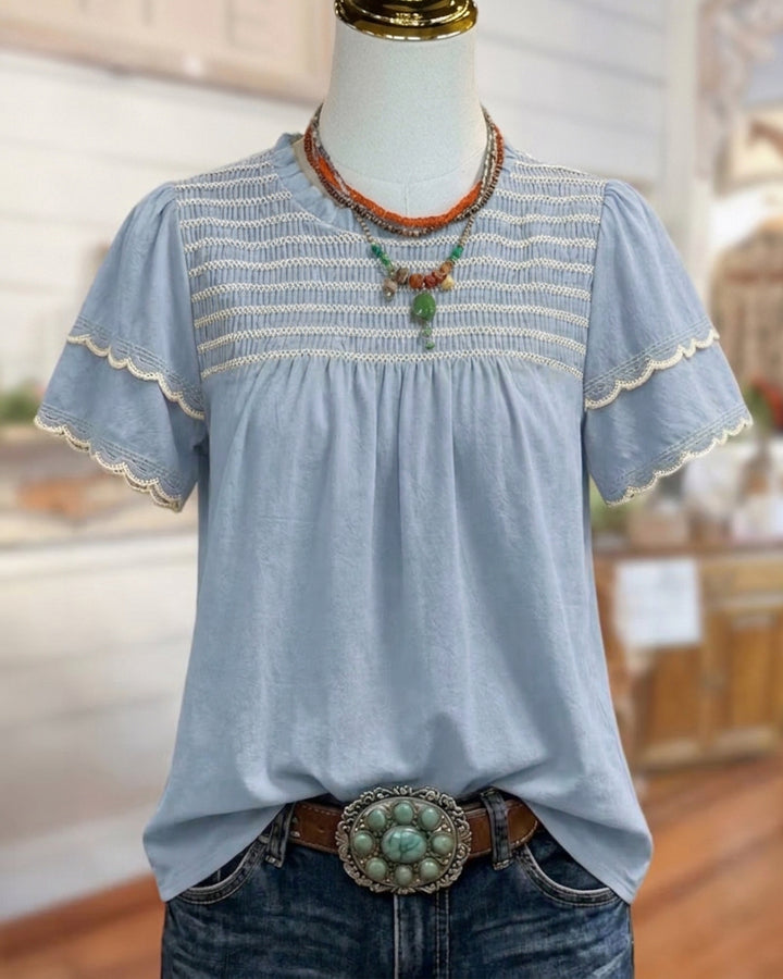 Crew Neck Ruffle Sleeve Blouse