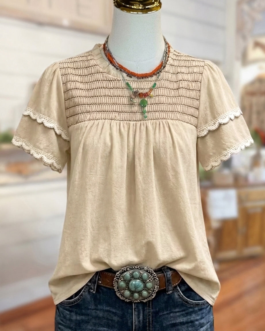 Crew Neck Ruffle Sleeve Blouse