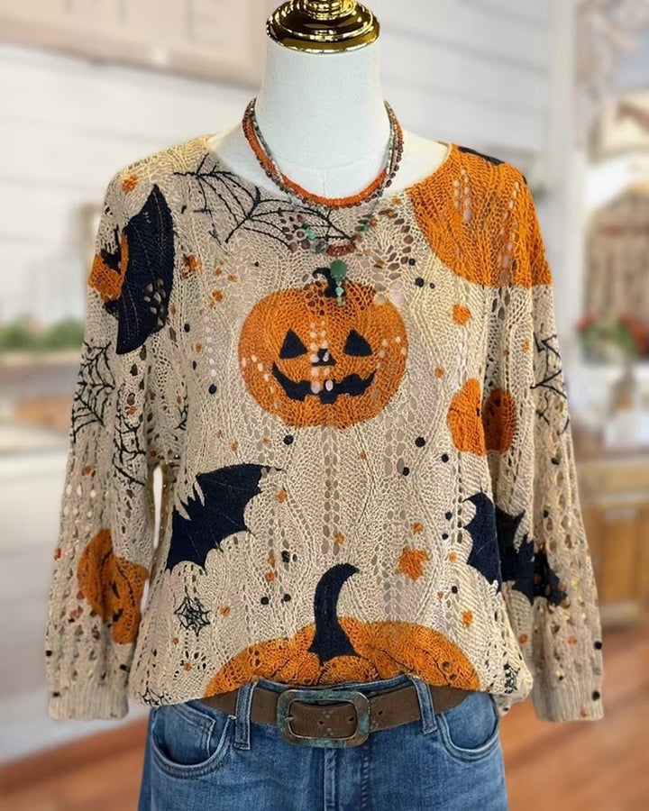 Crocheted Halloween Print Long Sleeve Sweater
