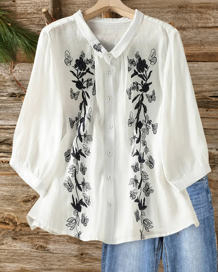 Embroidered Button 3/4 Sleeve Blouse