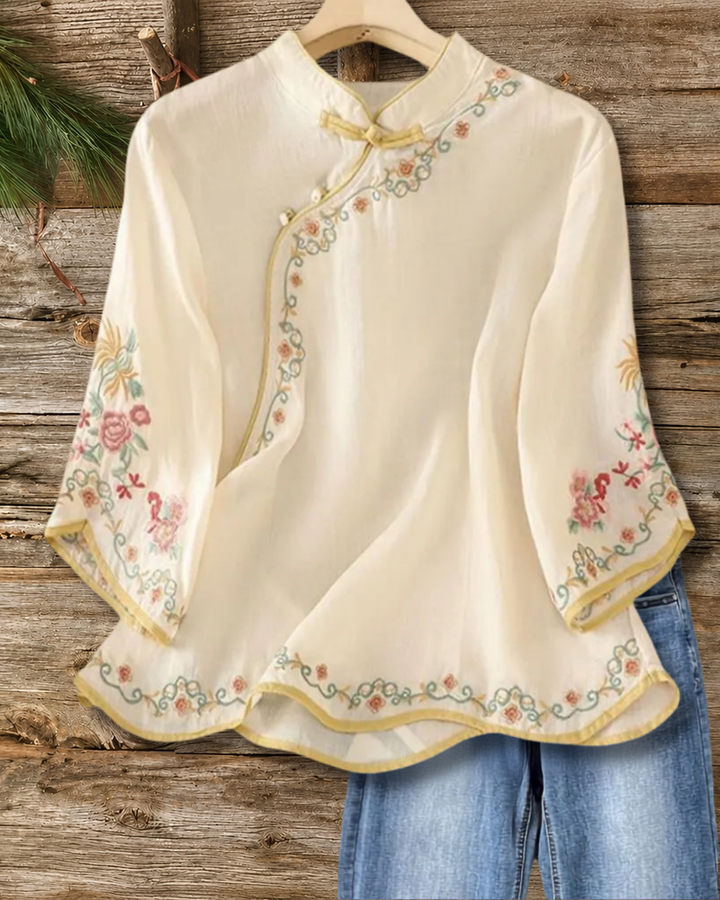 Mandarin Collar Frog Closure Floral Embroidery 3/4 Sleeve Blouse