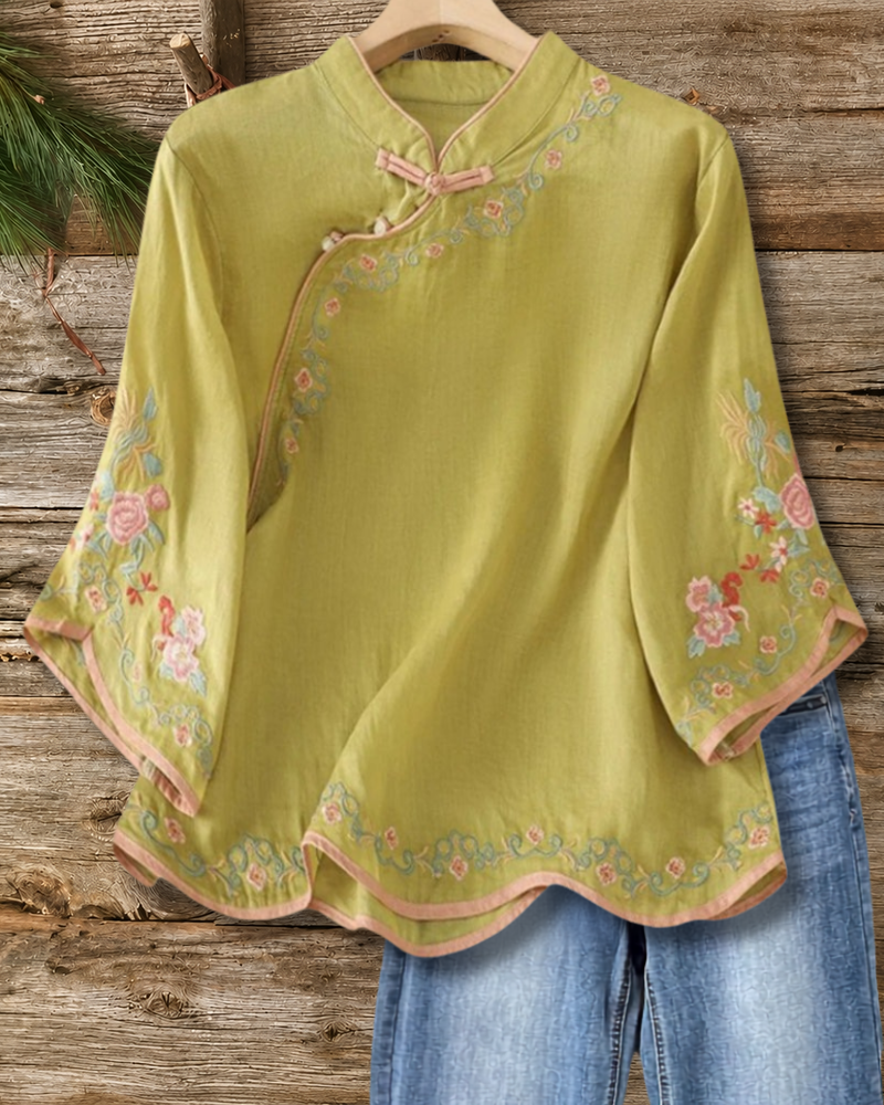 Mandarin Collar Frog Closure Floral Embroidery 3/4 Sleeve Blouse