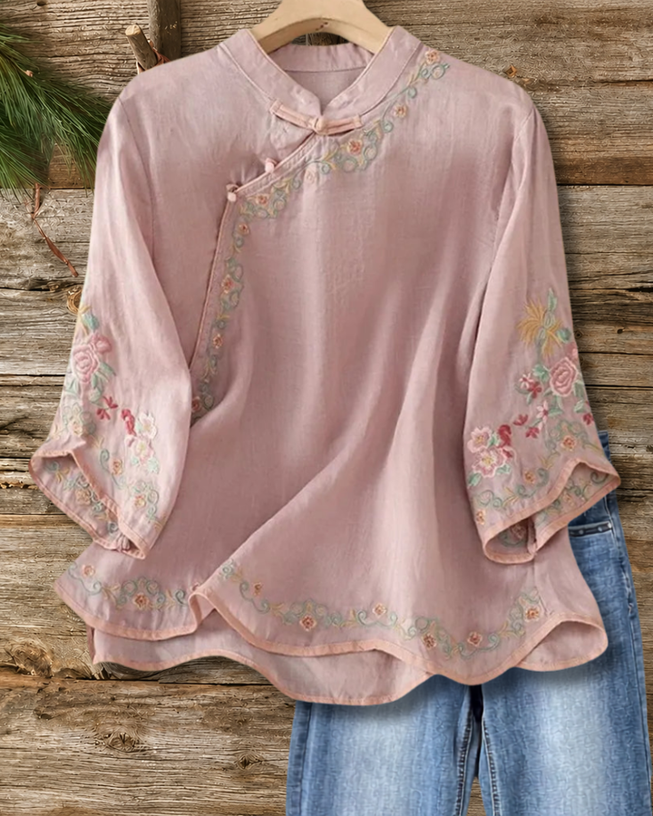 Mandarin Collar Frog Closure Floral Embroidery 3/4 Sleeve Blouse