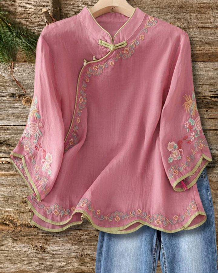 Mandarin Collar Frog Closure Floral Embroidery 3/4 Sleeve Blouse