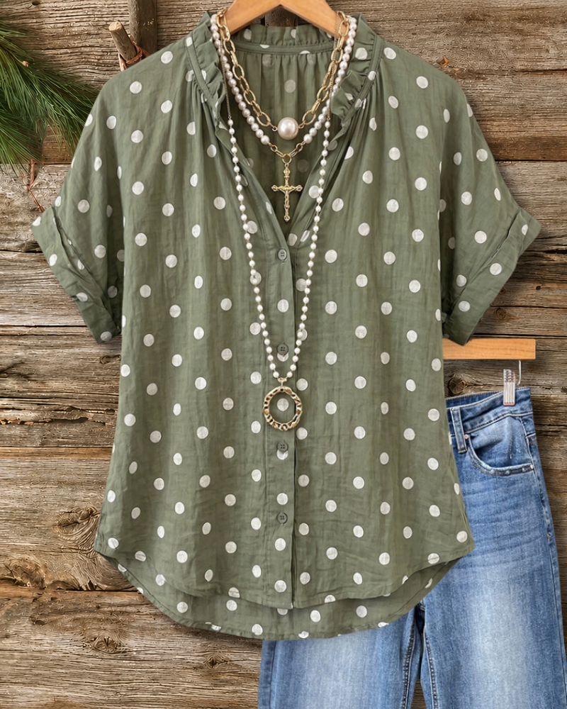 Polka Dot Ruffled Neck Button Blouse