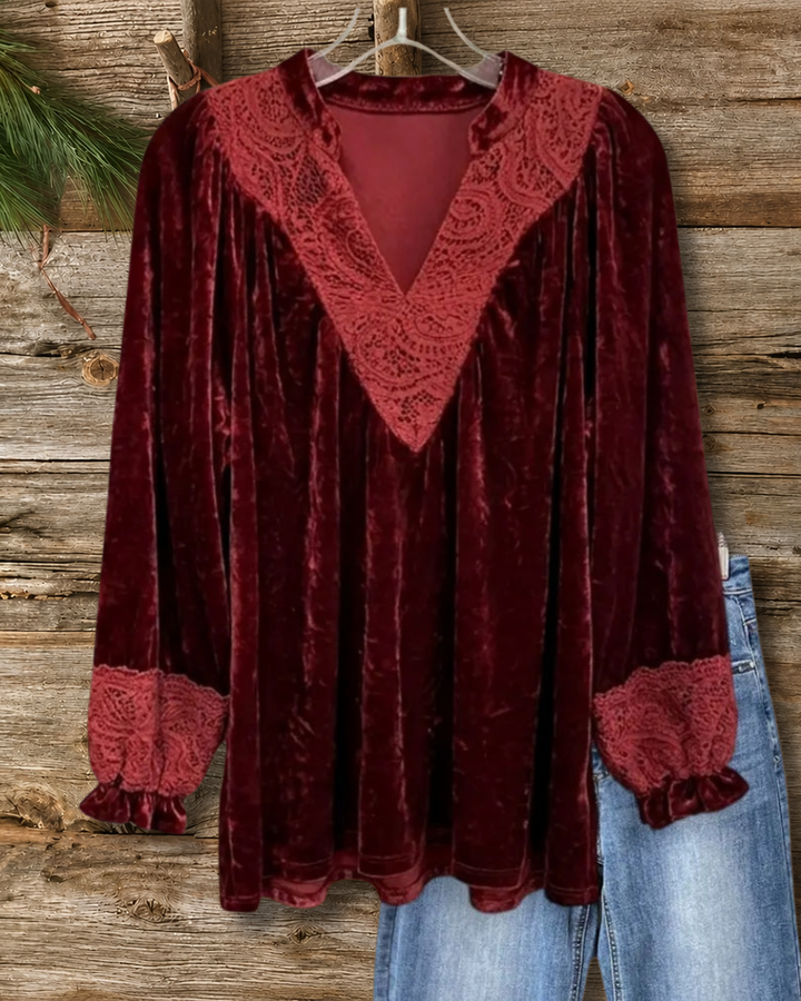 Lace Trim Neck Velvet Ruffled Cuffs Blouse