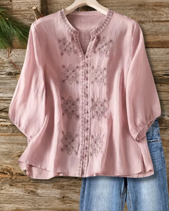 Floral Embroidery V Neck Button Front 3/4 Sleeve Comfortable Blouse