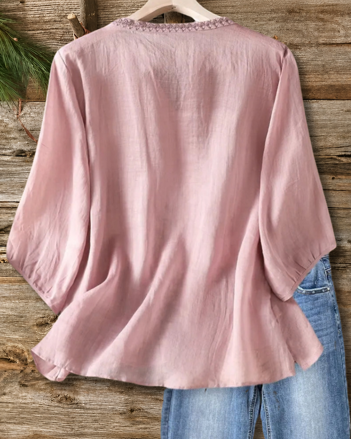 Floral Embroidery V Neck Button Front 3/4 Sleeve Comfortable Blouse